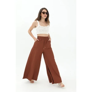 Vpr Moda Geniş Kemerli Bol Paça Düz Keten Kadın Pantolon - Kahverengi