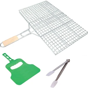 Ahşap Saplı Mangal Teli 25 Cm*40 cm + Mangal Maşası + Yelpaze