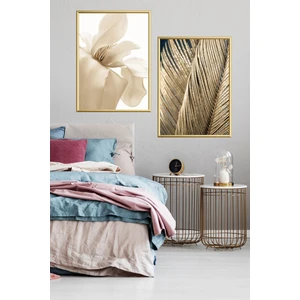 Ikili Alüminyum Metal Çerçeveli Beyaz Çiçek Altın Gold Palmiye Yaprağı Poster Tablo Seti