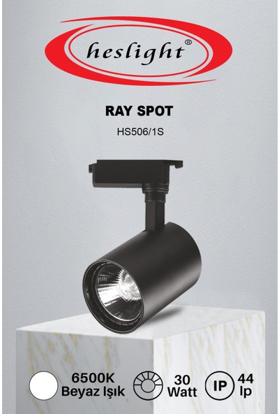 Heslight HS.506/1S 30W Cob LED Ray Spot Siyah Kasa 6500K Beyaz Işık Yüksek Lümen Uzun Ömür