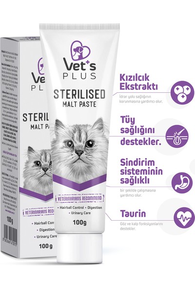 Vet's Plus Sterilised Kısırlaştırılmış Kediler Için Malt Macun 100gr (Tüy Sağlığı Destekleyici)