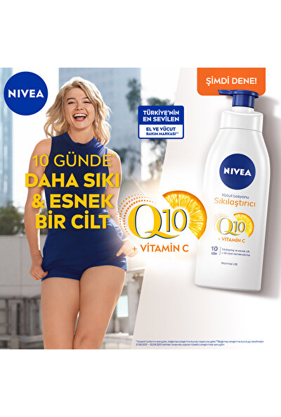 NIVEA Sıkılaştırıcı Vücut Losyonu Q10 + C Vitamini (400ml), 48 Saat Vücut Nemlendirme, 10 Günde Sıkılaşma, Normal Ciltler için, Vücut Bakım