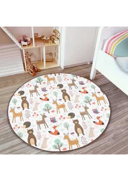 Sevimli Orman Hayvanları Desenli Çocuk & Genç Odası Makinede Yıkanabilir Kaymaz Tabanlı Yuvarlak Çocuk Halısı fiyatları