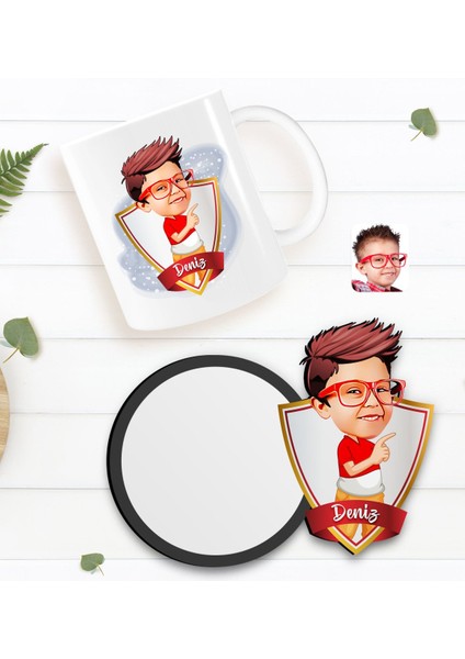 Kişiye Özel Erkek Çocuk Karikatürlü Beyaz Kupa ve Ahşap Bardak Altlığı Hediye Seti-1