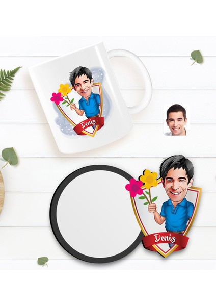 Kişiye Özel Erkek Karikatürlü Beyaz Kupa ve Ahşap Bardak Altlığı Hediye Seti-1