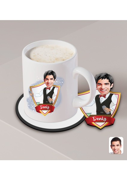 Kişiye Özel Barmen Karikatürlü Beyaz Kupa ve Ahşap Bardak Altlığı Hediye Seti-1