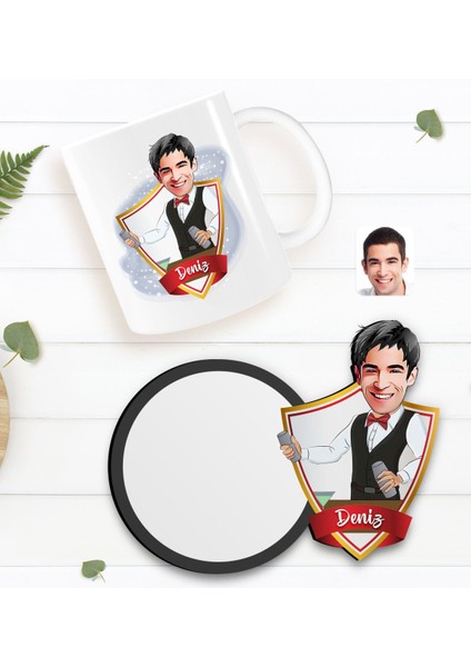 Kişiye Özel Barmen Karikatürlü Beyaz Kupa ve Ahşap Bardak Altlığı Hediye Seti-1 fiyatları