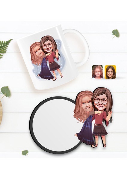 Kişiye Özel Kız Kardeşler Karikatürlü Beyaz Kupa ve Ahşap Bardak Altlığı Hediye Seti-6