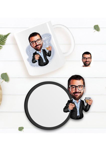 Kişiye Özel Erkek Karikatürlü Beyaz Kupa ve Ahşap Bardak Altlığı Hediye Seti-50