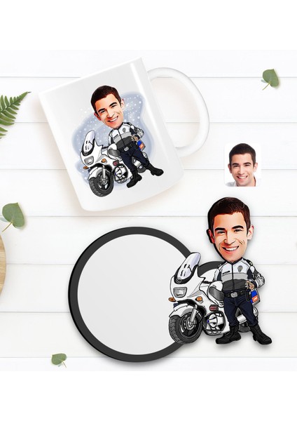 Kişiye Özel Erkek Yunus Polis Karikatürlü Beyaz Kupa ve Ahşap Bardak Altlığı Hediye Seti-1