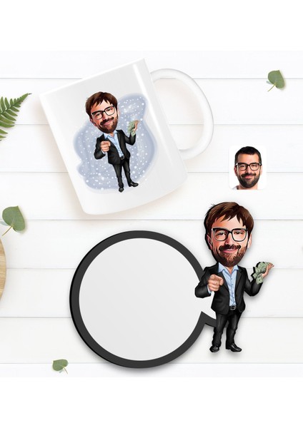 Kişiye Özel Erkek Milyoner Karikatürlü Beyaz Kupa ve Ahşap Bardak Altlığı Hediye Seti-1
