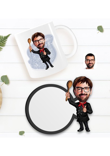 Kişiye Özel Erkek Master Chef Karikatürlü Beyaz Kupa ve Ahşap Bardak Altlığı Hediye Seti-1