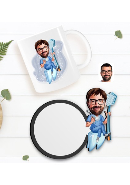 Kişiye Özel Erkek Diş Hekimi Karikatürlü Beyaz Kupa ve Ahşap Bardak Altlığı Hediye Seti-2