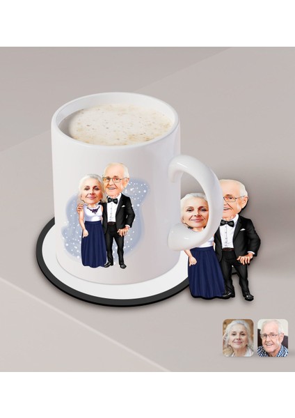 Kişiye Özel Dede ve Büyükanne Karikatürlü Beyaz Kupa ve Ahşap Bardak Altlığı Hediye Seti-1 fiyatları