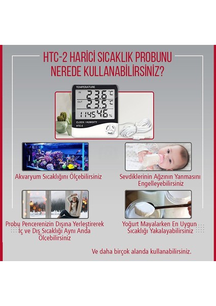 Htc-2 Dijital Termometre Saat Nem ve Sıcaklık Ölçer Iç Dış Mekan