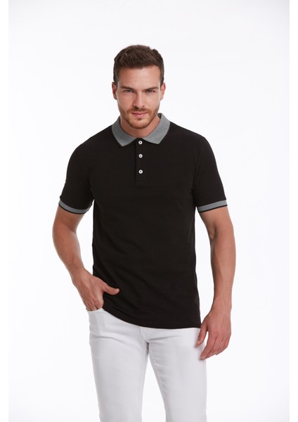 Erkek Siyah %100 Pamuk Regular Fit Polo Yaka Tişört