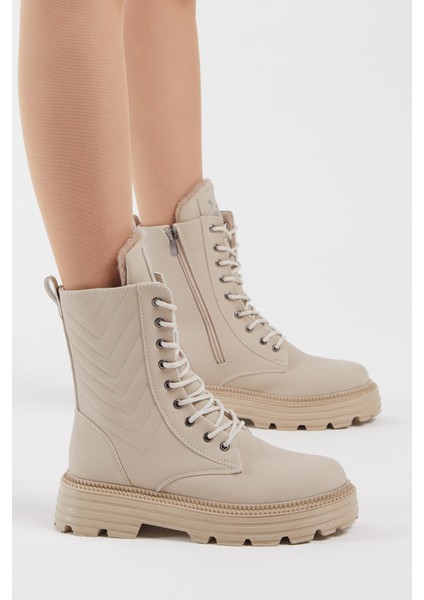 Kadın Krem Cilt Desenli Rahat Kalıp Bağcıklı Bot