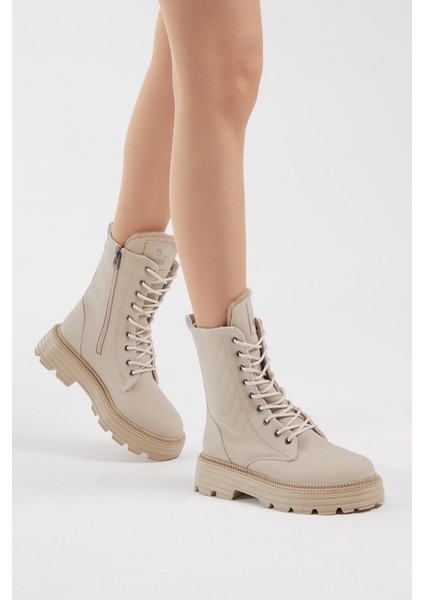 Kadın Krem Cilt Desenli Rahat Kalıp Bağcıklı Bot fiyatları