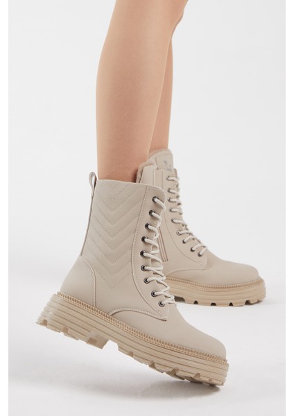 Kadın Krem Cilt Desenli Rahat Kalıp Bağcıklı Bot modelleri