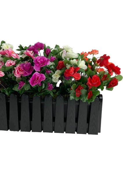 Yapay Çiçek Siyah Çit Balkon Saksısı Renkli Açelya Çiçekli 55*20CM
