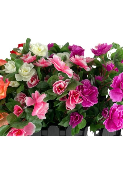 Yapay Çiçek Siyah Çit Balkon Saksısı Renkli Açelya Çiçekli 55*20CM