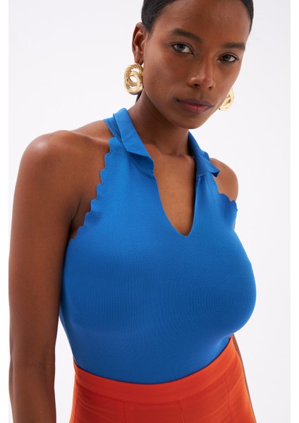 Yakalı Kolsuz Triko Bluz - Mavi fiyatları