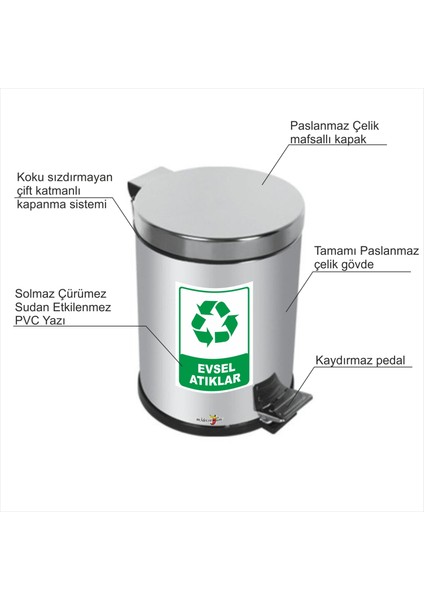 Paslanmaz Küflenmez Çelik Krom Kapaklı Pedallı Basmalı Saplı Kovalı Evsel Atık Çöp Kovası Kutusu 3 lt