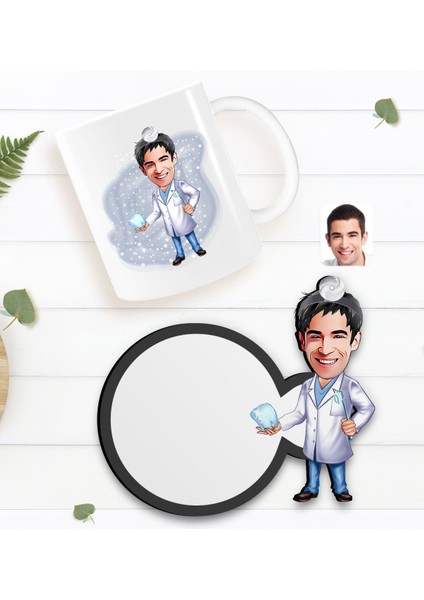 Kişiye Özel Erkek Diş Hekimi Karikatürlü Beyaz Kupa ve Ahşap Bardak Altlığı Hediye Seti-3