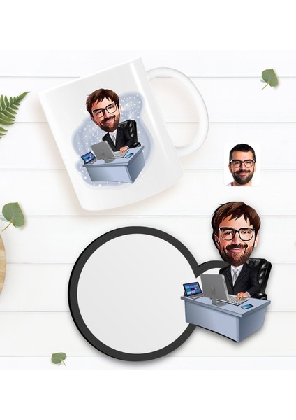 Kişiye Özel Erkek Genel Müdür Karikatürlü Beyaz Kupa ve Ahşap Bardak Altlığı Hediye Seti-1