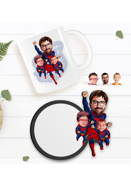 Kişiye Özel Süper Baba Süper Çocuklar Karikatürlü Beyaz Kupa ve Ahşap Bardak Altlığı Hediye Seti-1