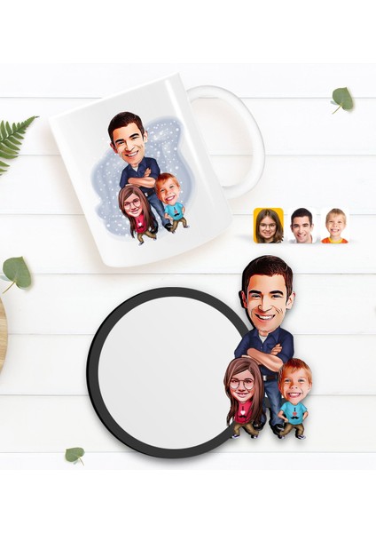 Kişiye Özel Baba Kız Oğul Karikatürlü Beyaz Kupa ve Ahşap Bardak Altlığı Hediye Seti-1