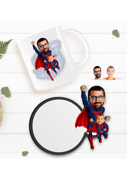 Kişiye Özel Süper Baba ve Çocuk Karikatürlü Beyaz Kupa ve Ahşap Bardak Altlığı Hediye Seti-1