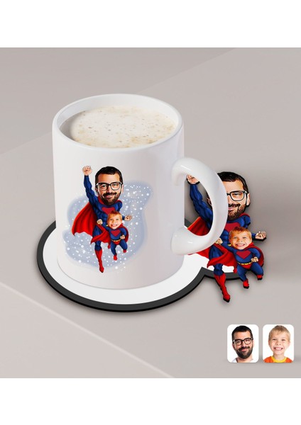 Kişiye Özel Süper Baba ve Çocuk Karikatürlü Beyaz Kupa ve Ahşap Bardak Altlığı Hediye Seti-1