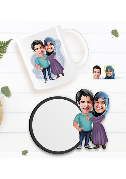 Kişiye Özel Sevgililer Karikatürlü Beyaz Kupa ve Ahşap Bardak Altlığı Hediye Seti-61