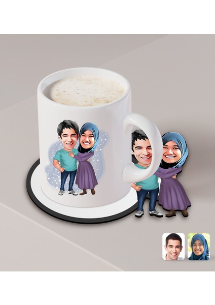 Kişiye Özel Sevgililer Karikatürlü Beyaz Kupa ve Ahşap Bardak Altlığı Hediye Seti-61 fiyatları