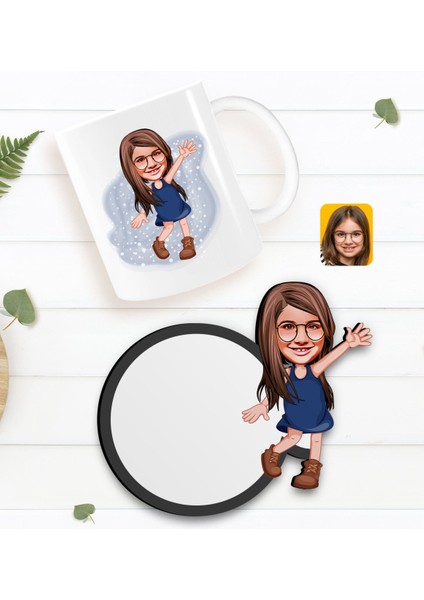 Kişiye Özel Kız Çocuk Karikatürlü Beyaz Kupa ve Ahşap Bardak Altlığı Hediye Seti-4