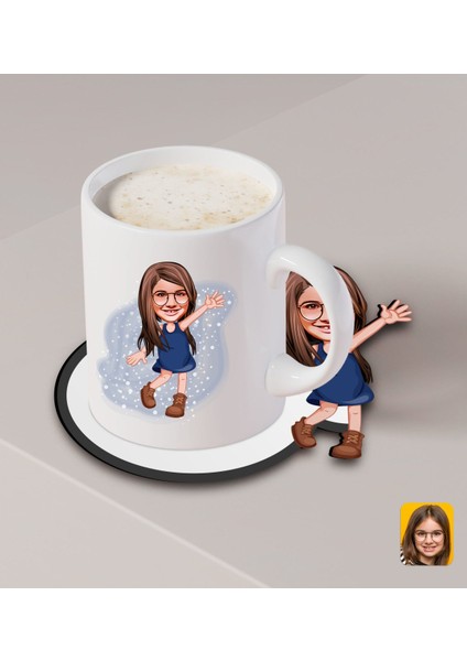 Kişiye Özel Kız Çocuk Karikatürlü Beyaz Kupa ve Ahşap Bardak Altlığı Hediye Seti-4 fiyatları