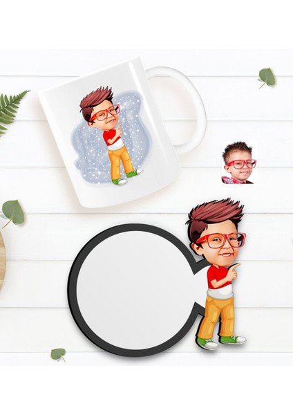 Kişiye Özel Erkek Çocuk Karikatürlü Beyaz Kupa ve Ahşap Bardak Altlığı Hediye Seti-1