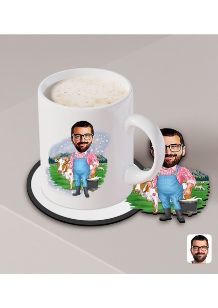 Kişiye Özel Çiftçi Karikatürlü Beyaz Kupa ve Ahşap Bardak Altlığı Hediye Seti-1