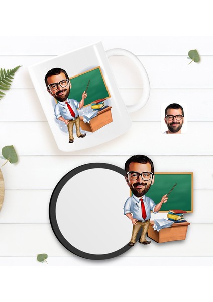 Kişiye Özel Erkek Öğretmen Karikatürlü Beyaz Kupa ve Ahşap Bardak Altlığı Hediye Seti-1