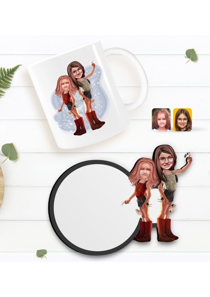 Kişiye Özel Kız Kardeşler Karikatürlü Beyaz Kupa ve Ahşap Bardak Altlığı Hediye Seti-5