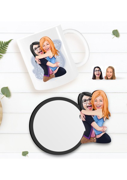 Kişiye Özel Kız Kardeşler Karikatürlü Beyaz Kupa ve Ahşap Bardak Altlığı Hediye Seti-10