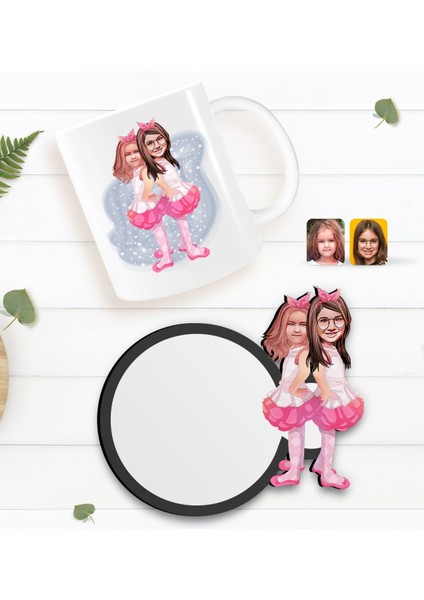 Kişiye Özel Kız Kardeşler Karikatürlü Beyaz Kupa ve Ahşap Bardak Altlığı Hediye Seti-3