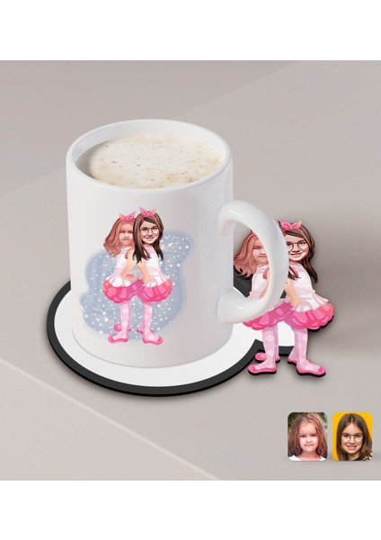 Kişiye Özel Kız Kardeşler Karikatürlü Beyaz Kupa ve Ahşap Bardak Altlığı Hediye Seti-3 fiyatları