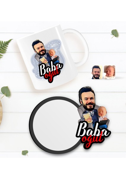 Kişiye Özel Baba Oğul Karikatürlü Beyaz Kupa ve Ahşap Bardak Altlığı Hediye Seti-4