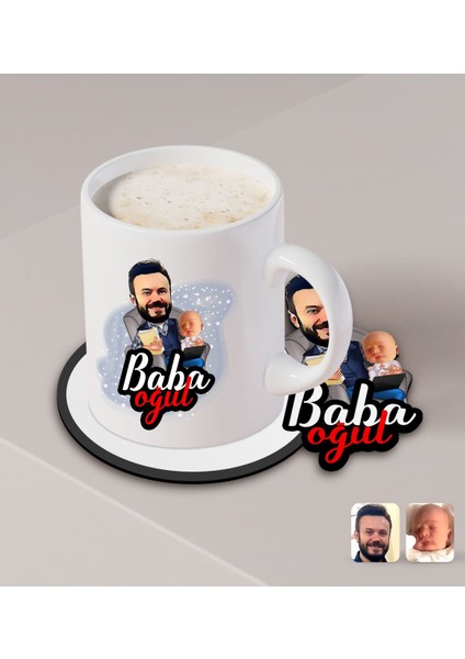 Kişiye Özel Baba Oğul Karikatürlü Beyaz Kupa ve Ahşap Bardak Altlığı Hediye Seti-4 fiyatları