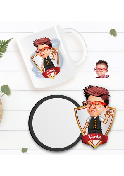 Kişiye Özel Erkek Çocuk Karikatürlü Beyaz Kupa ve Ahşap Bardak Altlığı Hediye Seti-2