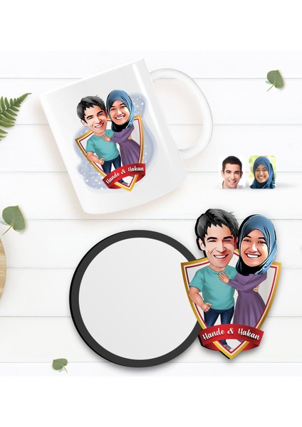 Kişiye Özel Sevgililer Karikatürlü Beyaz Kupa ve Ahşap Bardak Altlığı Hediye Seti-61