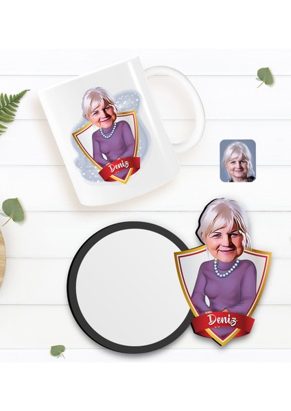 Kişiye Özel Büyükanne Karikatürlü Beyaz Kupa ve Ahşap Bardak Altlığı Hediye Seti-1