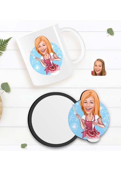 Kişiye Özel Kadın Aşçı Karikatürlü Beyaz Kupa ve Ahşap Bardak Altlığı Hediye Seti-1